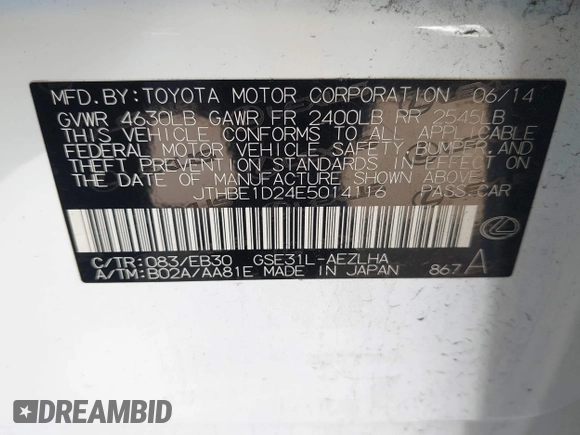 2014 Lexus IS 350 with VIN JTHBE1D24E5014116, listed as a IAAI auction lot 41600164 with 70,985 mi miles and . Bid and sale history available at DreamBid. Image 9.