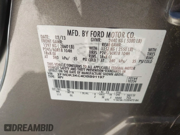 2013 Ford Edge Limited with VIN 2FMDK3KC4DBB91197, listed as a IAAI auction lot 41666639 with 93,740 mi miles. Bid and sale history available at carsss.com. Image 9.