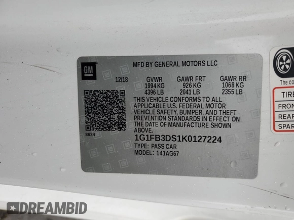 2019 Chevrolet Camaro 1LT with VIN 1G1FB3DS1K0127224, listed as a Copart auction lot 42144365 with 105,984 mi miles and Salvage Title. Bid and sale history available at carsss.com. Image 12.