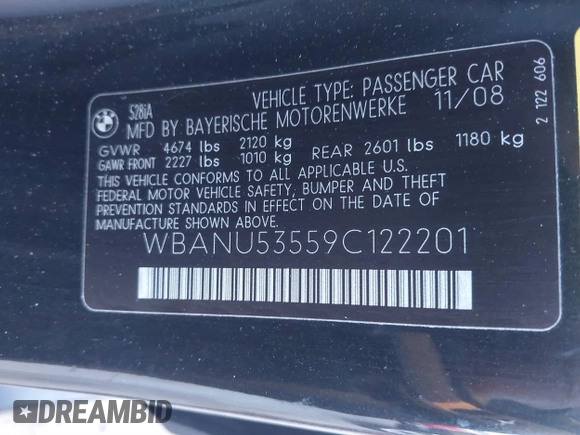 2009 BMW 5 Series 528i with VIN WBANU53559C122201, listed as a IAAI auction lot 41349820 with 172,692 mi miles and . Bid and sale history available at carsss.com. Image 9.