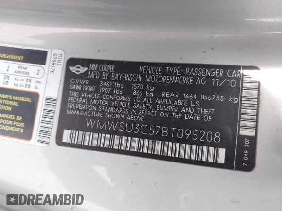 2011 MINI Hardtop with VIN WMWSU3C57BT095208, listed as a IAAI auction lot 42174483 with 70,447 mi miles and . Bid and sale history available at DreamBid. Image 9.