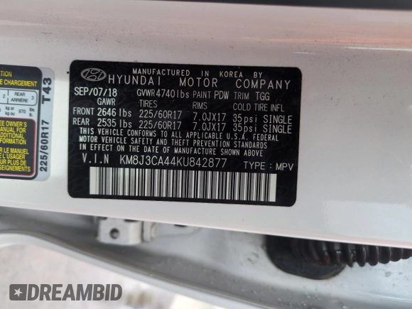 2019 Hyundai Tucson Value z VIN KM8J3CA44KU842877, wystawiony jako Copart lot #50982475 z przebiegiem 48 743 mil mil oraz Szkoda całkowita • Salvage title. Historia ofert i sprzedaży dostępna na DreamBid. Obrazek 14.