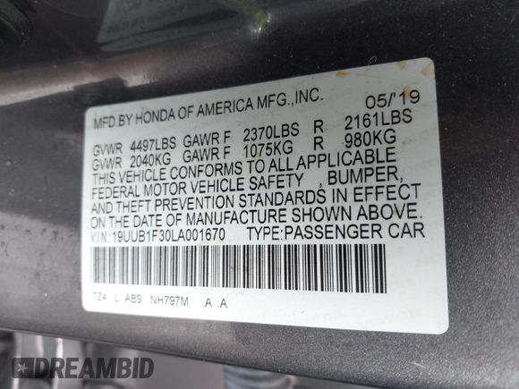 2020 Acura TLX with VIN 19UUB1F30LA001670, listed as a IAAI auction lot 41638804 with 95,122 mi miles. Bid and sale history available at carsss.com. Image 9.