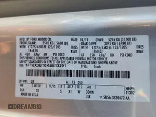 2019 Ford F-350 XL with VIN 1FT8X3BT0KEE13291, listed as a Copart auction lot 62368685 with 114,389 mi miles and Salvage title. Bid and sale history available at DreamBid. Image 13.