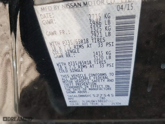 2015 Infiniti QX60 with VIN 5N1AL0MN6FC527545, listed as a IAAI auction lot 41537800 with 121,920 mi miles. Bid and sale history available at carsss.com. Image 9.