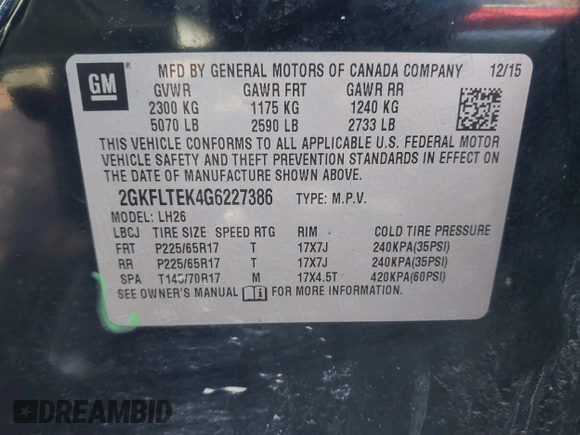 2016 GMC Terrain SLE with VIN 2GKFLTEK4G6227386, listed as a IAAI auction lot 41643837 with 142,553 mi miles. Bid and sale history available at carsss.com. Image 9.