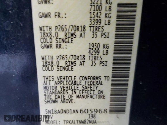 2010 Nissan Armada Titanium z VIN 5N1BA0ND1AN605968, wystawiony jako Copart lot #46100125 z przebiegiem Nie podano mil oraz Czysty tytuł • Clean title. Historia ofert i sprzedaży dostępna na DreamBid. Obrazek 13.