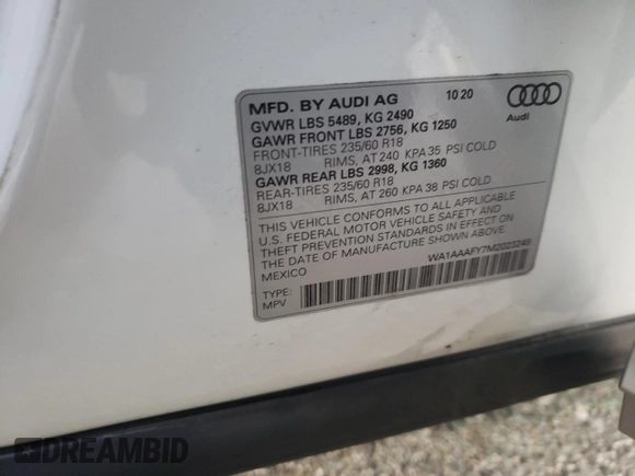 2021 Audi Q5 Premium with VIN WA1AAAFY7M2023249, listed as a Copart auction lot 68838052 with 0 mi miles. Bid and sale history available at carsss.com. Image 13.