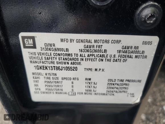 2006 GMC Yukon SLT with VIN 1GKEK13T86J105520, listed as a Copart auction lot 72501954 with 0 mi miles and Salvage Title. Bid and sale history available at carsss.com. Image 13.