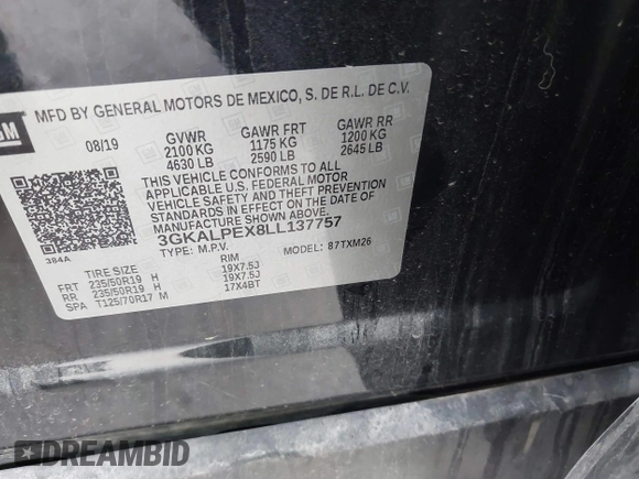 2020 GMC Terrain SLT with VIN 3GKALPEX8LL137757, listed as a IAAI auction lot 40480889 with 66,310 mi miles and . Bid and sale history available at DreamBid. Image 9.