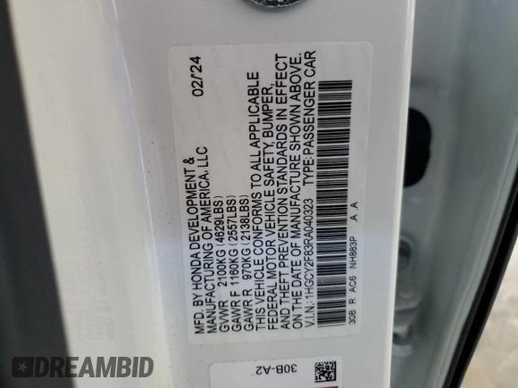 2024 Honda Accord Touring с VIN 1HGCY2F83RA040323, выставлен на аукционе Copart как лот 61009105 с пробегом 7 123 миль миль и Списание • Salvage title. История ставок и продаж доступна на DreamBid. Изображение 12.