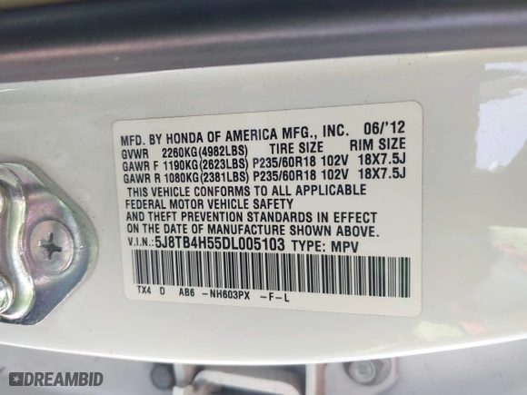 2013 Acura RDX Tech Pkg with VIN 5J8TB4H55DL005103, listed as a IAAI auction lot 41976789 with 161,140 mi miles. Bid and sale history available at carsss.com. Image 9.