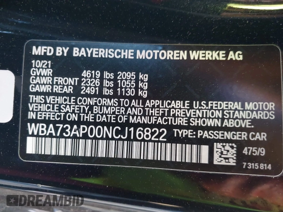 2022 BMW 4 Series 430i xDrive with VIN WBA73AP00NCJ16822, listed as a IAAI auction lot 41329235 with 30,570 mi miles and . Bid and sale history available at DreamBid. Image 9.