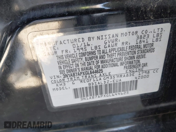 2016 Nissan Sentra S with VIN 3N1AB7APXGL644625, listed as a IAAI auction lot 41829110 with 58,728 mi miles. Bid and sale history available at carsss.com. Image 9.