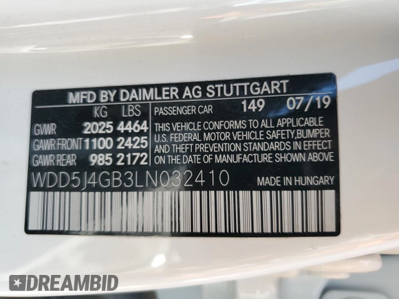 2020 Mercedes-Benz CLA 250 with VIN WDD5J4GB3LN032410, listed as a Copart auction lot 58544725 with 48,037 mi miles and Salvage title. Bid and sale history available at DreamBid. Image 13.