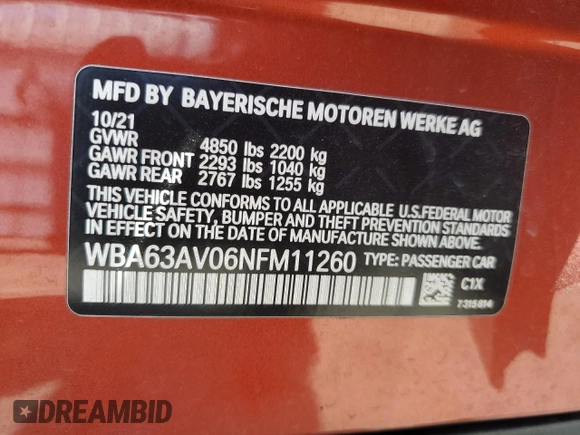 2022 BMW 4 Series 430i with VIN WBA63AV06NFM11260, listed as a Copart auction lot 57551825 with 52,969 mi miles and Salvage title. Bid and sale history available at DreamBid. Image 12.