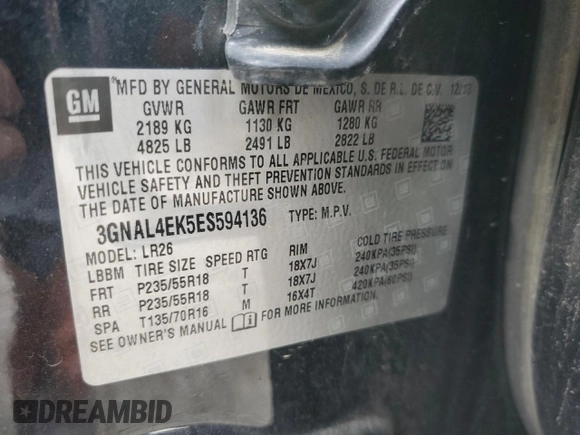 2014 Chevrolet Captiva Sport LTZ with VIN 3GNAL4EK5ES594136, listed as a Copart auction lot 79026834 with 102,892 mi miles and Salvage Title. Bid and sale history available at DreamBid. Image 13.