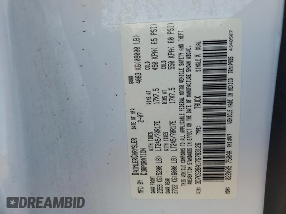 2007 Dodge Ram 2500 SLT with VIN 3D7KS28A17G783126, listed as a Copart auction lot 50121355 with 178,535 mi miles and Salvage Title. Bid and sale history available at carsss.com. Image 10.