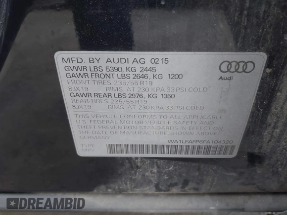 2015 Audi Q5 Premium Plus z VIN WA1LFAFP6FA104320, wystawiony jako IAAI lot #42425252 z przebiegiem 169 325 mil mil oraz . Historia ofert i sprzedaży dostępna na DreamBid. Obrazek 9.