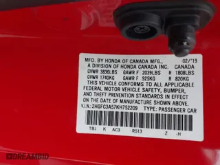 2019 Honda Civic Si Coupe with VIN 2HGFC3A57KH752209, listed as a IAAI auction lot 41227381 with 1 mi miles. Bid and sale history available at carsss.com. Image 9.