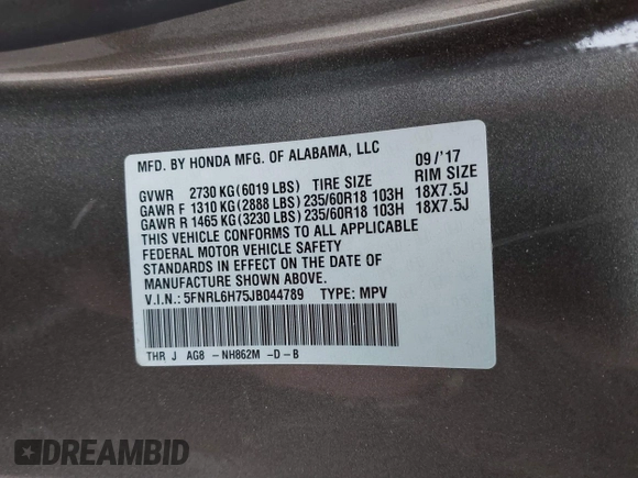 2018 Honda Odyssey EX-L with VIN 5FNRL6H75JB044789, listed as a IAAI auction lot 41625002 with 58,033 mi miles and . Bid and sale history available at DreamBid. Image 9.