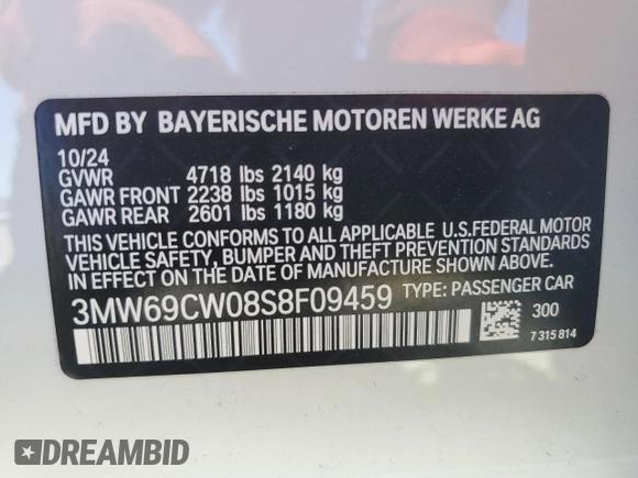 2025 BMW 3 Series 330i with VIN 3MW69CW08S8F09459, listed as a Copart auction lot 41523005 with 520 mi miles and Salvage Title. Bid and sale history available at carsss.com. Image 14.