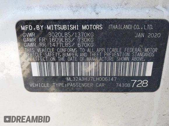 2020 Mitsubishi Mirage ES z VIN ML32A3HJ7LH006147, wystawiony jako IAAI lot #41842856 z przebiegiem 71 179 mil mil oraz . Historia ofert i sprzedaży dostępna na DreamBid. Obrazek 9.