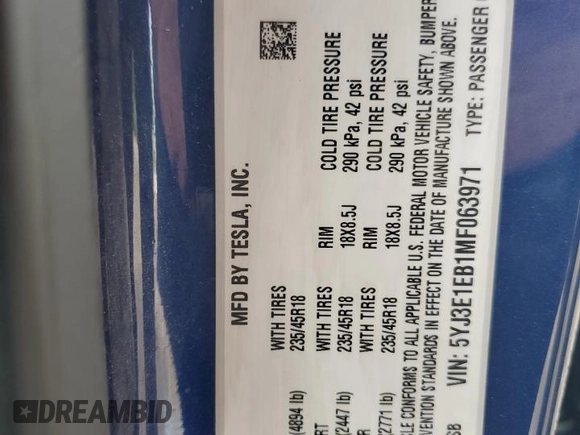 2021 Tesla Model 3 Long Range z VIN 5YJ3E1EB1MF063971, wystawiony jako Copart lot #63851094 z przebiegiem 82 935 mil mil oraz Nie do naprawy • Non repairable. Historia ofert i sprzedaży dostępna na DreamBid. Obrazek 13.