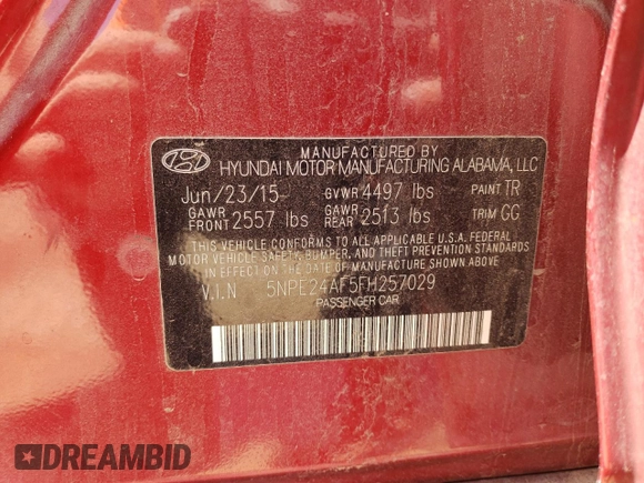 2015 Hyundai Sonata SE with VIN 5NPE24AF5FH257029, listed as a Copart auction lot 51072275 with 124,714 mi miles and Salvage Title. Bid and sale history available at DreamBid. Image 12.