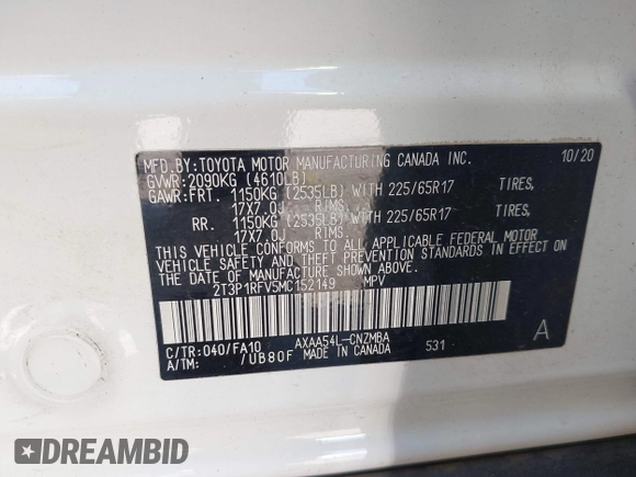 2021 Toyota RAV4 XLE with VIN 2T3P1RFV5MC152149, listed as a IAAI auction lot 42588310 with 41,075 mi miles and . Bid and sale history available at DreamBid. Image 9.