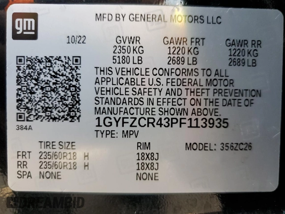 2023 Cadillac XT4 FWD Premium Luxury with VIN 1GYFZCR43PF113935, listed as a Copart auction lot 58326575 with 54,481 mi miles and Clean title. Bid and sale history available at DreamBid. Image 13.