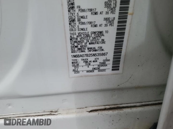 2005 Nissan Titan SE with VIN 1N6BA07B25N535867, listed as a Copart auction lot 45205415 with 207,858 mi miles and Salvage Title. Bid and sale history available at DreamBid. Image 12.