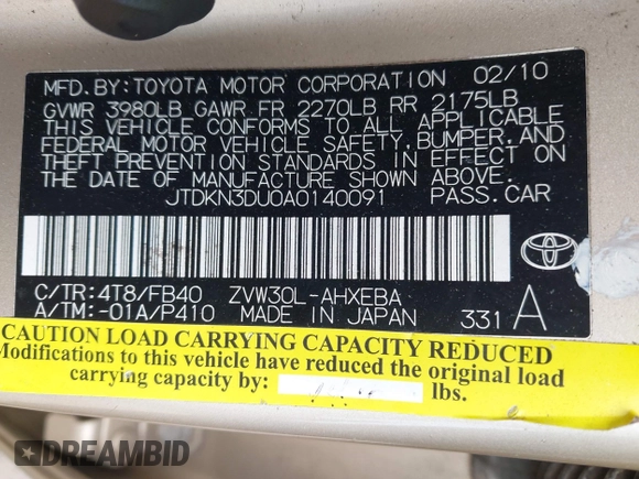 2010 Toyota Prius II with VIN JTDKN3DU0A0140091, listed as a IAAI auction lot 41712626 with 1 mi miles. Bid and sale history available at carsss.com. Image 9.
