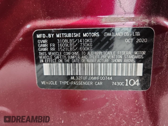 2021 Mitsubishi Mirage ES with VIN ML32FUFJXMHF00744, listed as a Copart auction lot 58791135 with 52,444 mi miles and Salvage title. Bid and sale history available at DreamBid. Image 12.