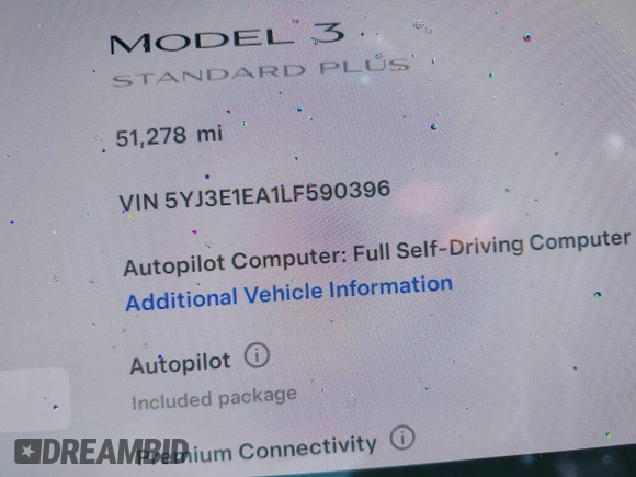 2020 Tesla Model 3 Standard Range Plus with VIN 5YJ3E1EA1LF590396, listed as a IAAI auction lot 41868089 with 51,278 mi miles. Bid and sale history available at carsss.com. Image 7.
