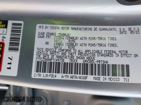 2023 Toyota Tacoma SR with VIN 3TYCZ5AN4PT149730, listed as a IAAI auction lot 42083146 with 31,731 mi miles and . Bid and sale history available at DreamBid. Image 9.