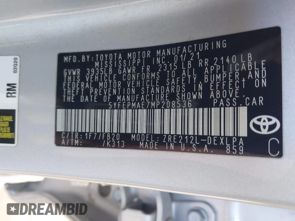 2021 Toyota Corolla LE with VIN 5YFEPMAE7MP208536, listed as a IAAI auction lot 42057509 with 58,522 mi miles and . Bid and sale history available at DreamBid. Image 9.