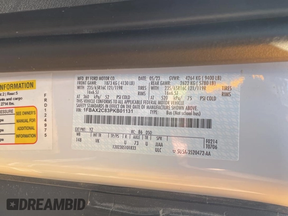 2023 Ford Transit Passenger XL with VIN 1FBAX2C83PKB01131, listed as a Copart auction lot 81578144 with 250 mi miles and Clean Title. Bid and sale history available at DreamBid. Image 10.