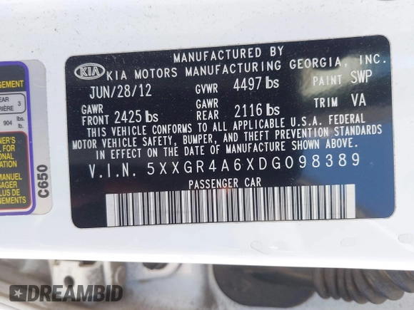 2013 Kia Optima SX with VIN 5XXGR4A6XDG098389, listed as a IAAI auction lot 42322665 with 226,794 mi miles and . Bid and sale history available at DreamBid. Image 9.