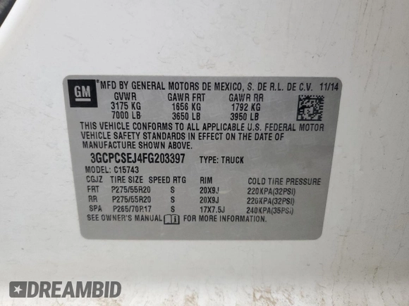 2015 Chevrolet Silverado 1500 LTZ with VIN 3GCPCSEJ4FG203397, listed as a Copart auction lot 86351784 with 146,862 mi miles and Clean Title. Bid and sale history available at DreamBid. Image 12.