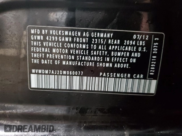 2013 Volkswagen Golf TDI z VIN WVWDM7AJ2DW060077, wystawiony jako Copart lot #88117585 z przebiegiem 150 098 mil mil oraz Szkoda całkowita • Salvage title. Historia ofert i sprzedaży dostępna na DreamBid. Obrazek 13.