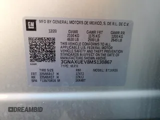 2021 Chevrolet Equinox LT z VIN 3GNAXUEV8MS130867, wystawiony jako Copart lot #56653705 z przebiegiem 42 510 mil mil oraz Szkoda całkowita • Salvage title. Historia ofert i sprzedaży dostępna na DreamBid. Obrazek 13.