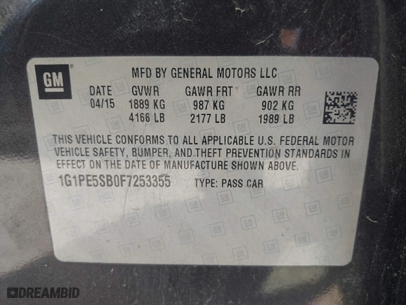 2015 Chevrolet Cruze LT with VIN 1G1PE5SB0F7253355, listed as a IAAI auction lot 41992242 with 1 mi miles. Bid and sale history available at carsss.com. Image 9.