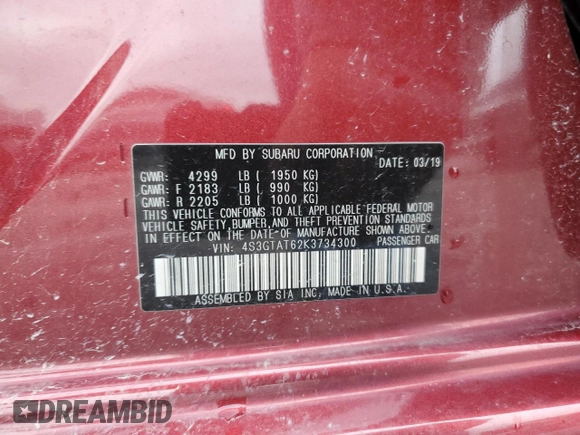 2019 Subaru Impreza Limited с VIN 4S3GTAT62K3734300, выставлен на аукционе Copart как лот 51995135 с пробегом 41 558 миль миль и Списание • Salvage title. История ставок и продаж доступна на DreamBid. Изображение 15.