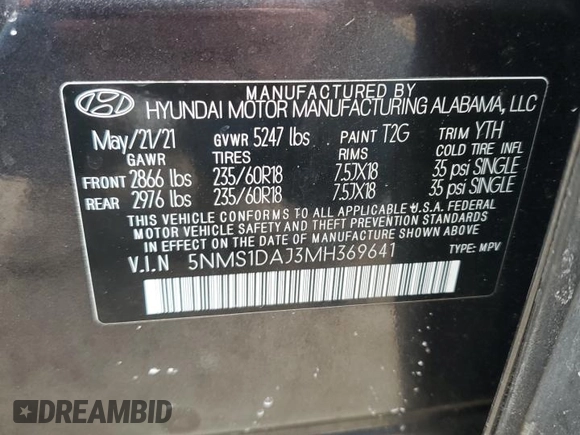 2021 Hyundai Santa Fe SE with VIN 5NMS1DAJ3MH369641, listed as a Copart auction lot 44532195 with 99,463 mi miles and Salvage Title. Bid and sale history available at carsss.com. Image 13.
