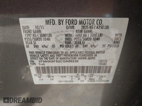 2012 Ford Explorer Limited with VIN 1FMHK8F82CGA59230, listed as a IAAI auction lot 42000408 with 180,634 mi miles and . Bid and sale history available at DreamBid. Image 9.