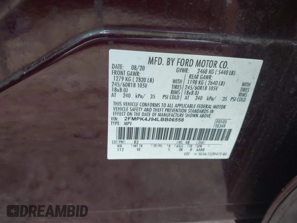 2020 Ford Edge SEL with VIN 2FMPK4J94LBB06558, listed as a IAAI auction lot 41132694 with 77,590 mi miles. Bid and sale history available at carsss.com. Image 9.