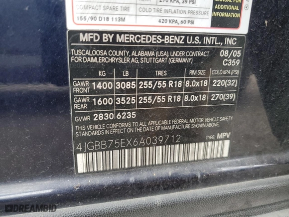 2006 Mercedes-Benz M-Class 5.0L with VIN 4JGBB75EX6A039712, listed as a Copart auction lot 49743115 with 225,428 mi miles and Clean Title. Bid and sale history available at carsss.com. Image 13.