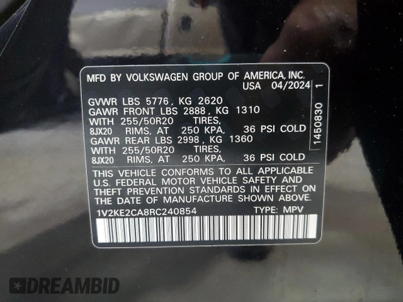 2024 Volkswagen Atlas SE z VIN 1V2KE2CA8RC240854, wystawiony jako Copart lot #53990835 z przebiegiem 12 291 mil mil oraz Szkoda całkowita • Salvage title. Historia ofert i sprzedaży dostępna na DreamBid. Obrazek 13.
