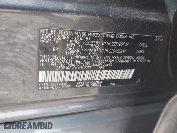 2019 Toyota RAV4 XLE with VIN 2T3P1RFV9KW042278, listed as a IAAI auction lot 42062800 with 62,979 mi miles and . Bid and sale history available at DreamBid. Image 9.